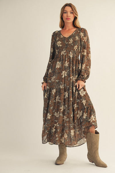 too good to miss smocked floral midi dress | mocha mousse