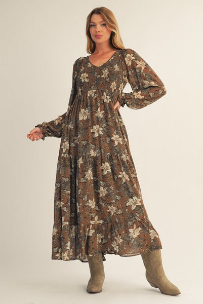 too good to miss smocked floral midi dress | mocha mousse