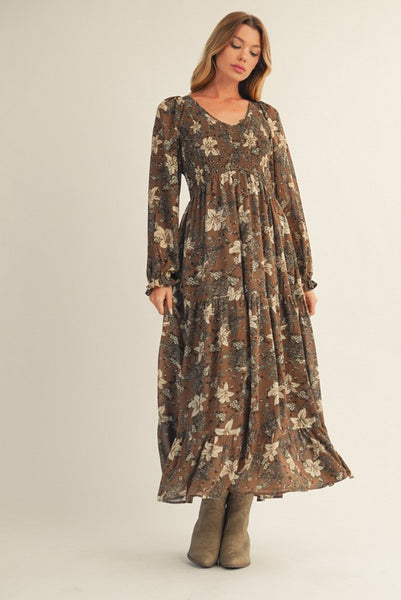 too good to miss smocked floral midi dress | mocha mousse