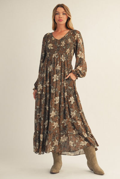 too good to miss smocked floral midi dress | mocha mousse