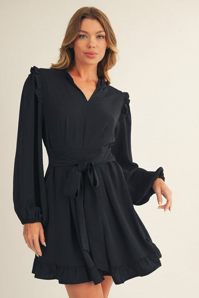 waiting for a sign pleated front tie dress | black