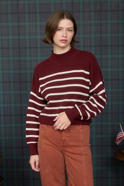 live a little striped mock neck shoulder | oxblood
