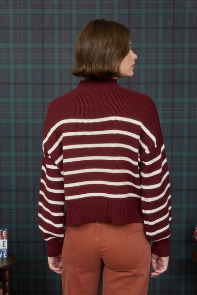 live a little striped mock neck shoulder | oxblood