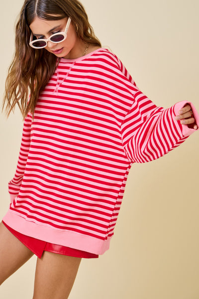 decked in delight oversized striped knit top | pink + red