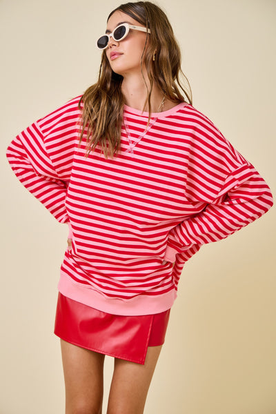 decked in delight oversized striped knit top | pink + red