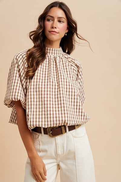 for all the world checker bow detail bubble blouse | brown