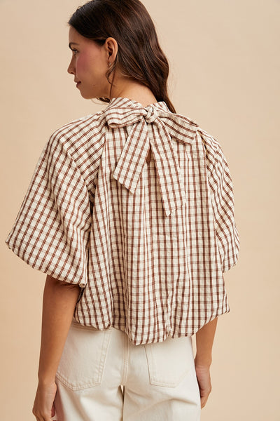 for all the world checker bow detail bubble blouse | brown