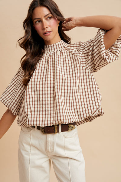 for all the world checker bow detail bubble blouse | brown