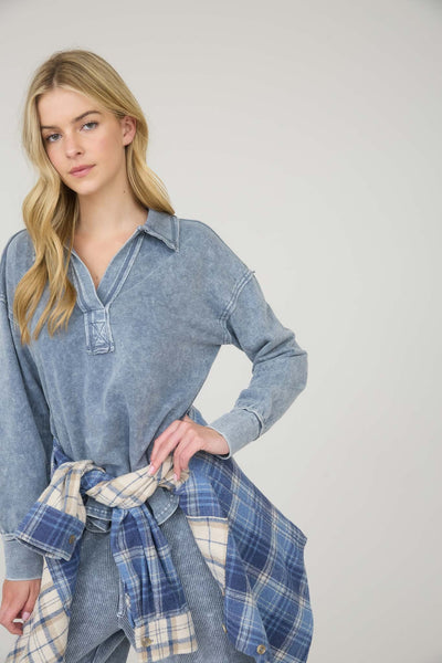 everything good washed polo knit top | indigo blue