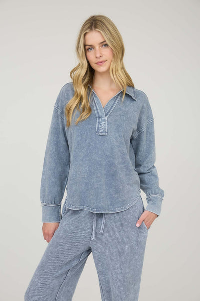 everything good washed polo knit top | indigo blue