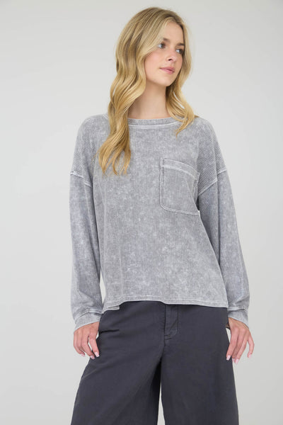 never too late washed ribbed knit top | charcoal
