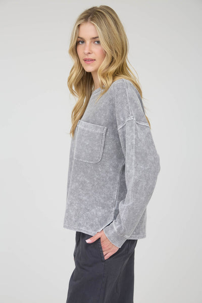 never too late washed ribbed knit top | charcoal