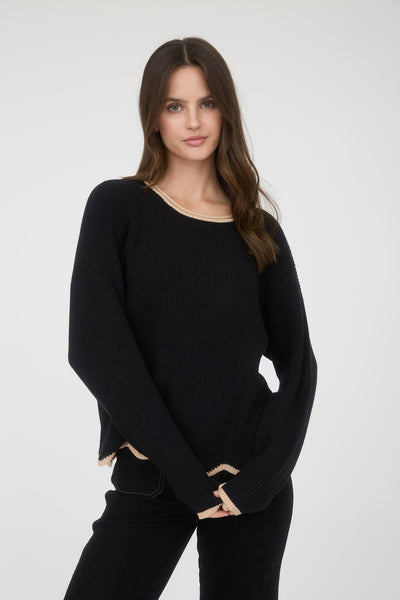in the works scallop contrast trim sweater | black
