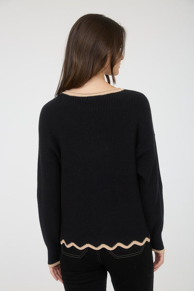 in the works scallop contrast trim sweater | black