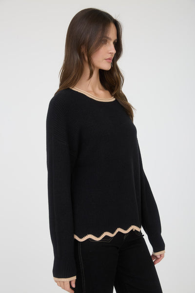 in the works scallop contrast trim sweater | black