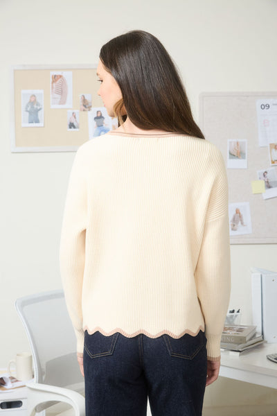 in the works scallop contrast trim sweater | oatmeal