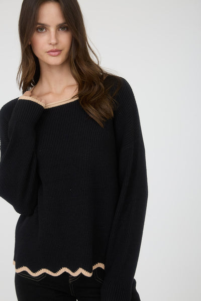 in the works scallop contrast trim sweater | black