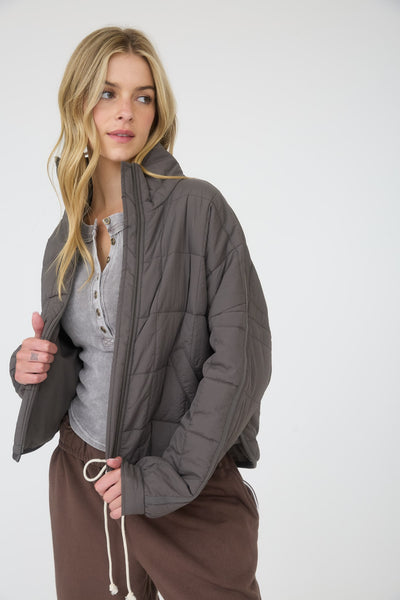 twisted flame quilted zip up puffer jacket | charcoal