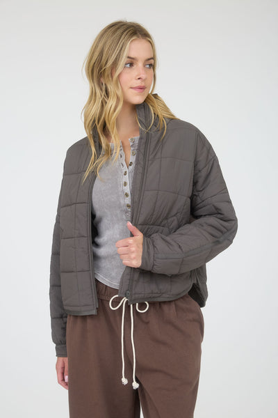 twisted flame quilted zip up puffer jacket | charcoal