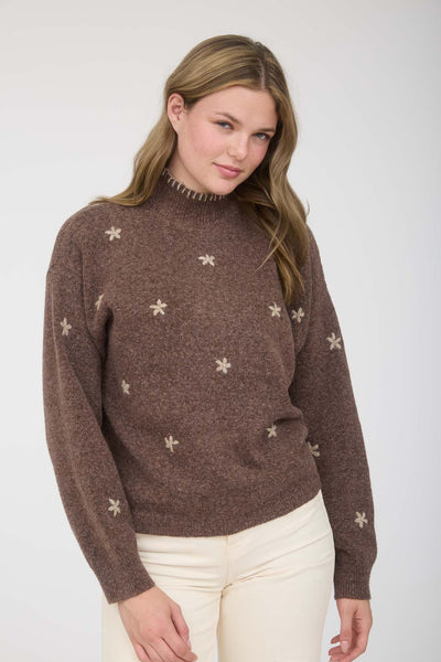 quiet moments floral embroidered mock neck sweater | brown