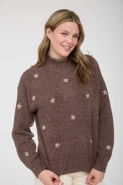 quiet moments floral embroidered mock neck sweater | brown