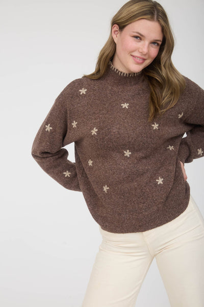 quiet moments floral embroidered mock neck sweater | brown