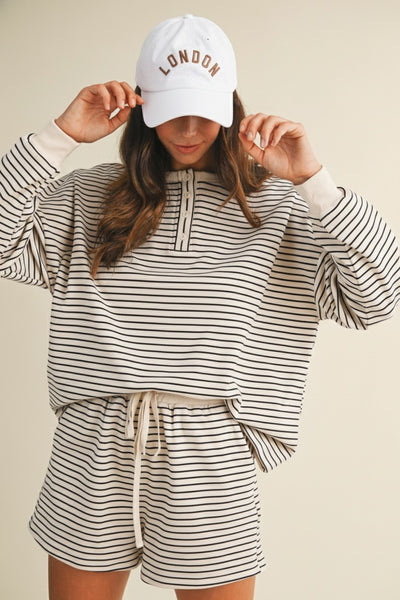the perfect plan soft pin stripe pullover + short set | ivory