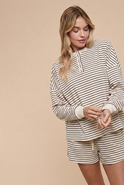 the perfect plan soft pin stripe pullover + short set | ivory