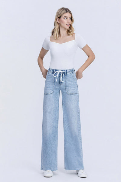 kolby high rise drawstring waist wide leg jeans | clearly