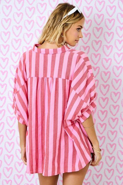here for the cheer striped oversized button down top | red + pink