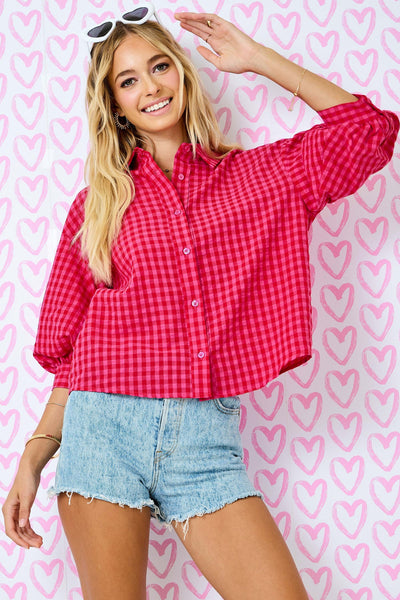 done deal gingham button down top | red + pink