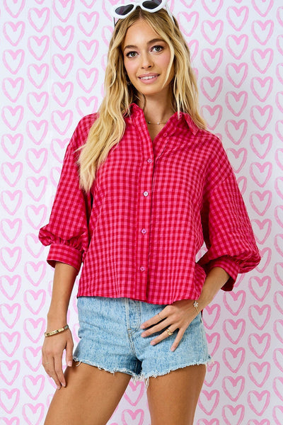 done deal gingham button down top | red + pink
