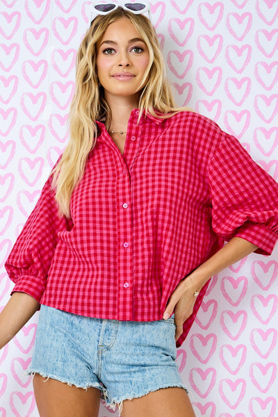done deal gingham button down top | red + pink