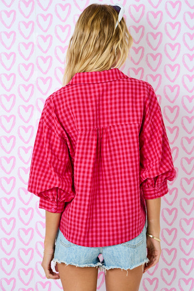 done deal gingham button down top | red + pink