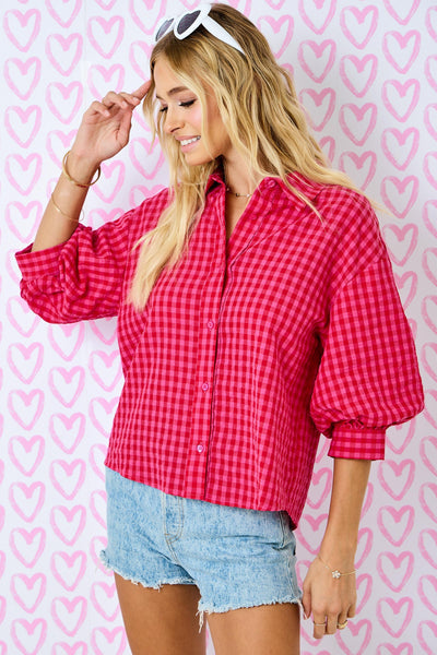 done deal gingham button down top | red + pink