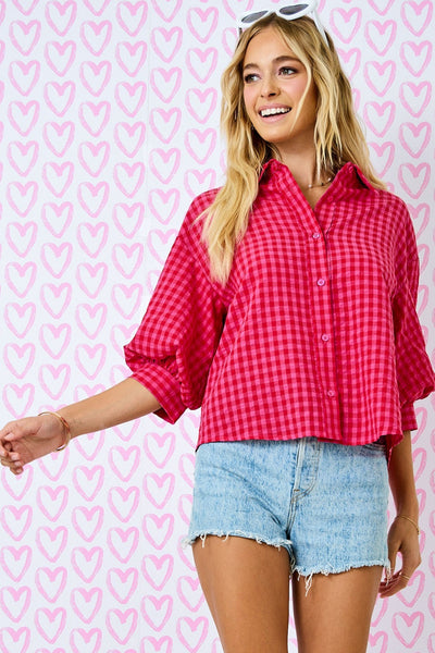 done deal gingham button down top | red + pink