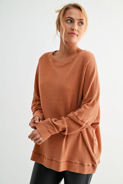 tied to perfection waffle knit top | burnt amber