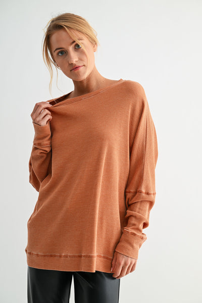 tied to perfection waffle knit top | burnt amber
