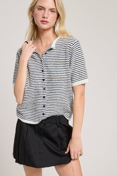 to be fair striped short sleeve knit cardigan | black + white