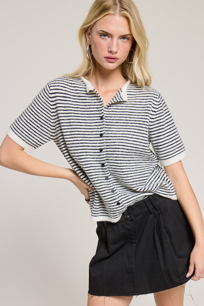 to be fair striped short sleeve knit cardigan | black + white