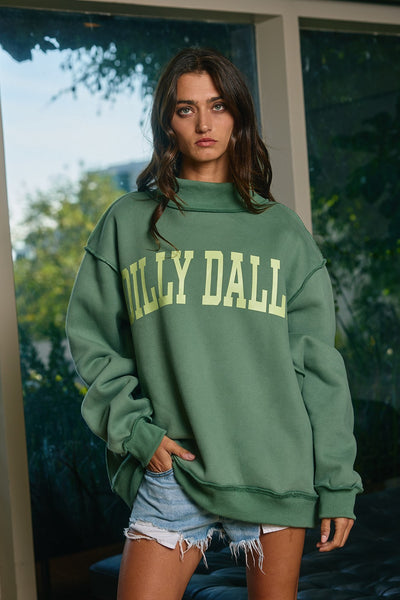 dilly dally mock neck sweatshirt | green + neon lime