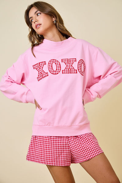 gingham xoxo applique mock neck sweatshirt | pink