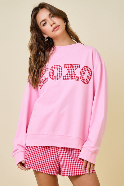 gingham xoxo applique mock neck sweatshirt | pink
