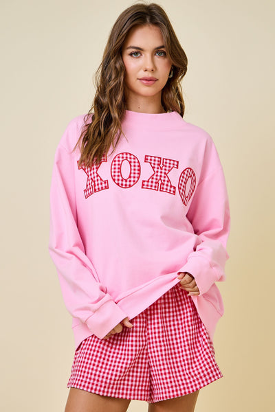 gingham xoxo applique mock neck sweatshirt | pink