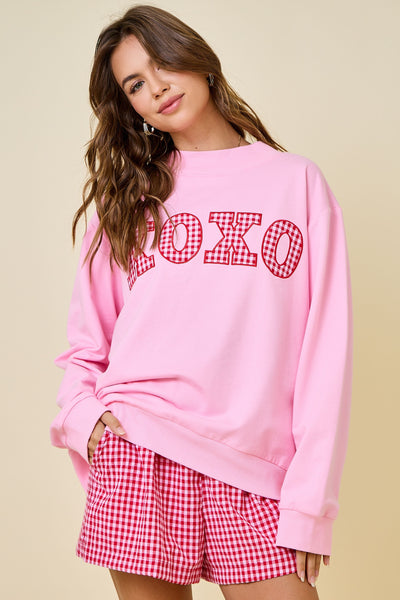gingham xoxo applique mock neck sweatshirt | pink