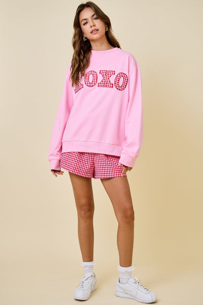 gingham xoxo applique mock neck sweatshirt | pink