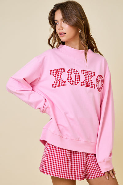 gingham xoxo applique mock neck sweatshirt | pink