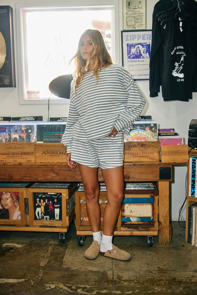 naturally easy oversized striped top | grey + ivory