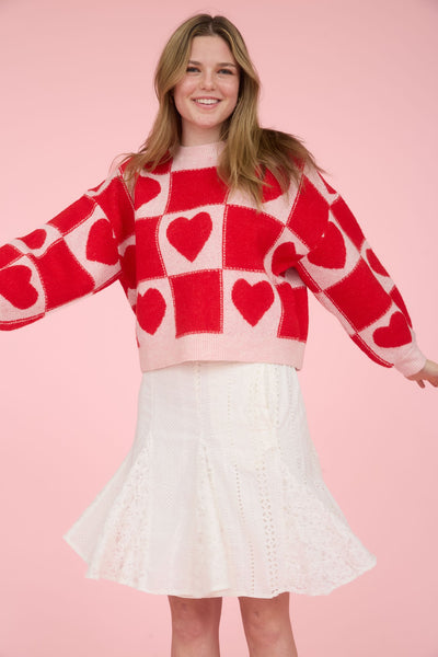 lots of love checkered heart sweater | red
