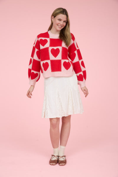 lots of love checkered heart sweater | red